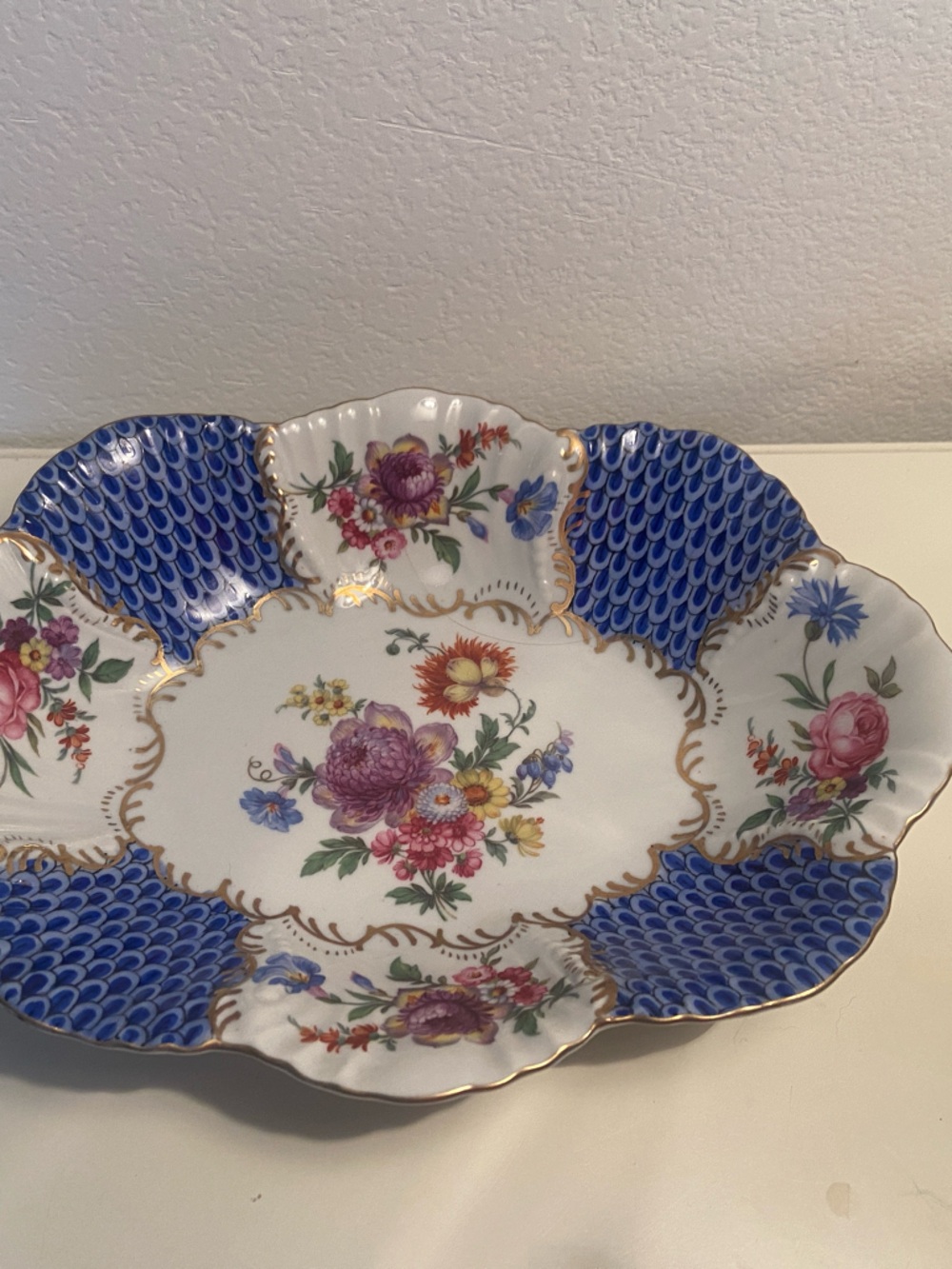 Porcelain Floral Serving Platter in Blue and White with Gold Trim